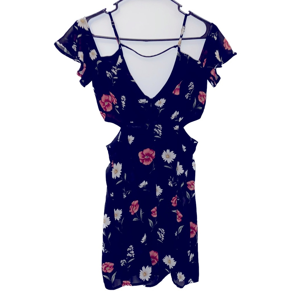 Black Mini Cutout Back Dress with Roses/Flowers - Size Small